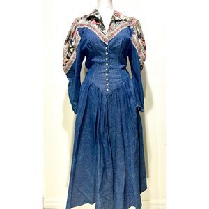 Menu denim dress VTG peasant cottage floral button victorian country women 5-6